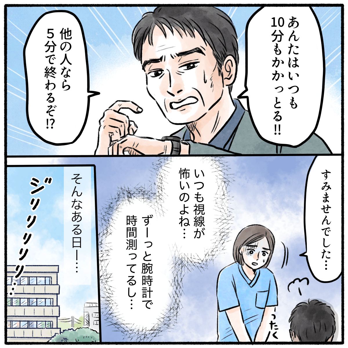 患者はいつも腕時計を見て時間通りにならないと怒った