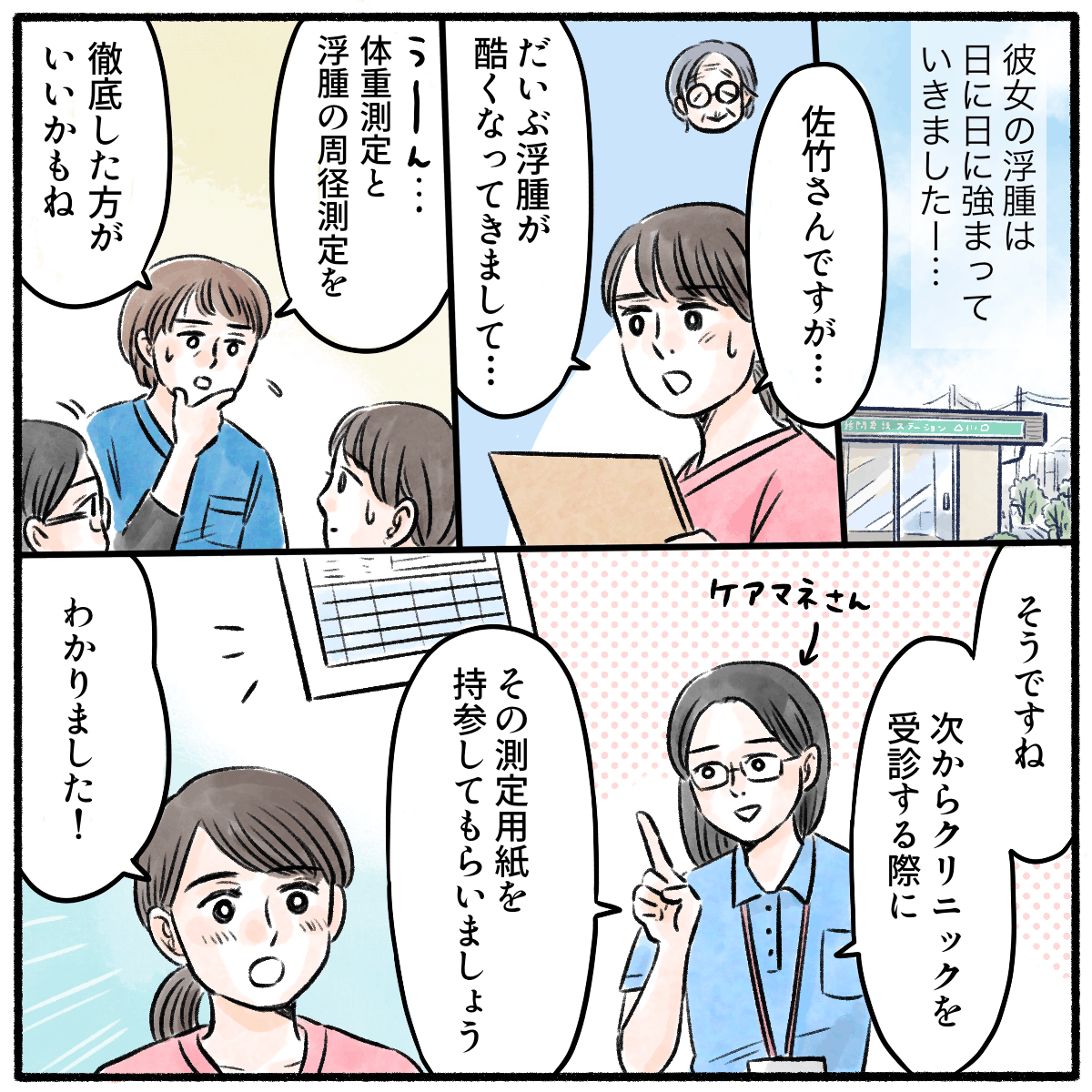 看護師は利用者の浮腫みが酷くなっていることをステーションで他のスタッフに相談した