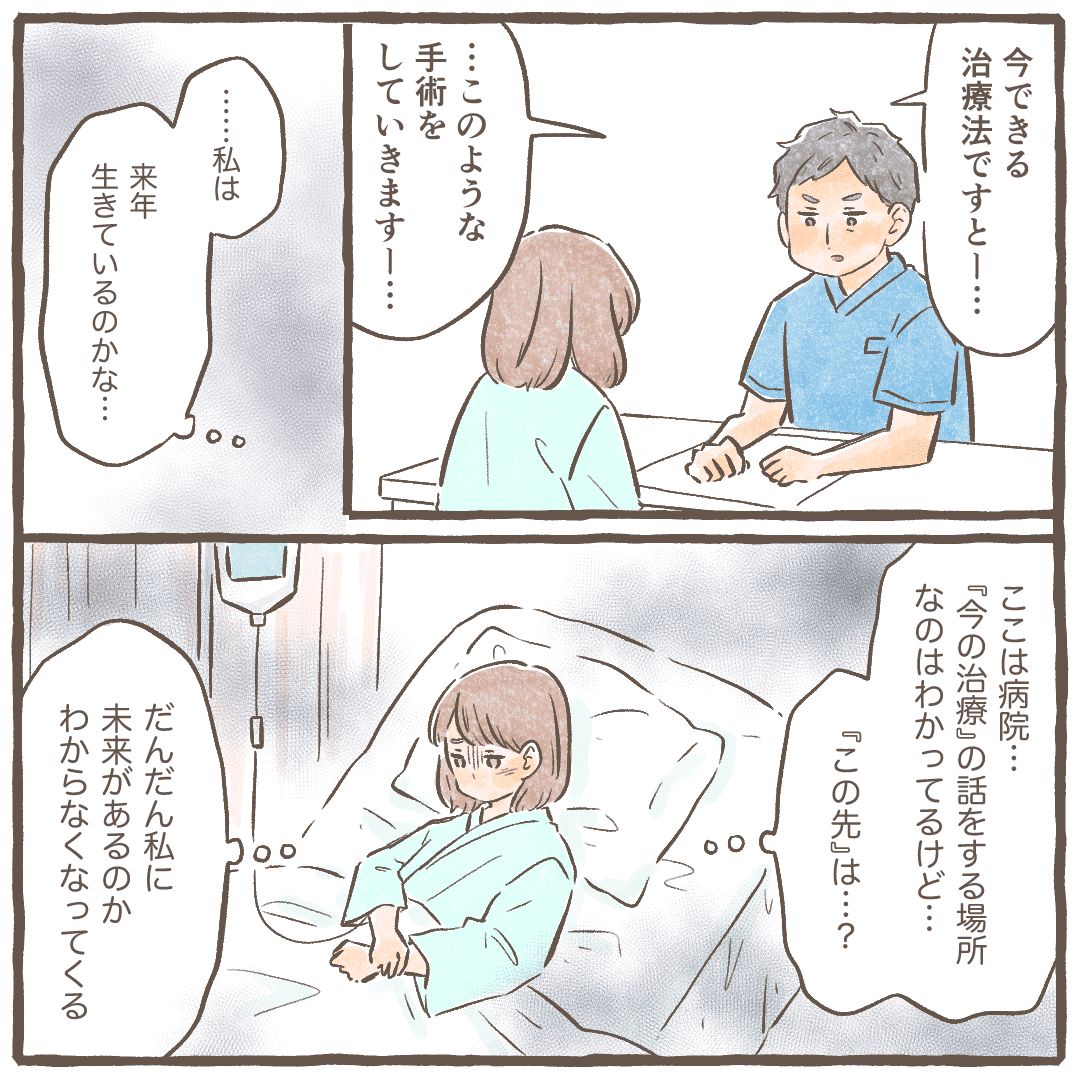 医師からは今できる治療について説明を受けるが、この先のことが不安になる