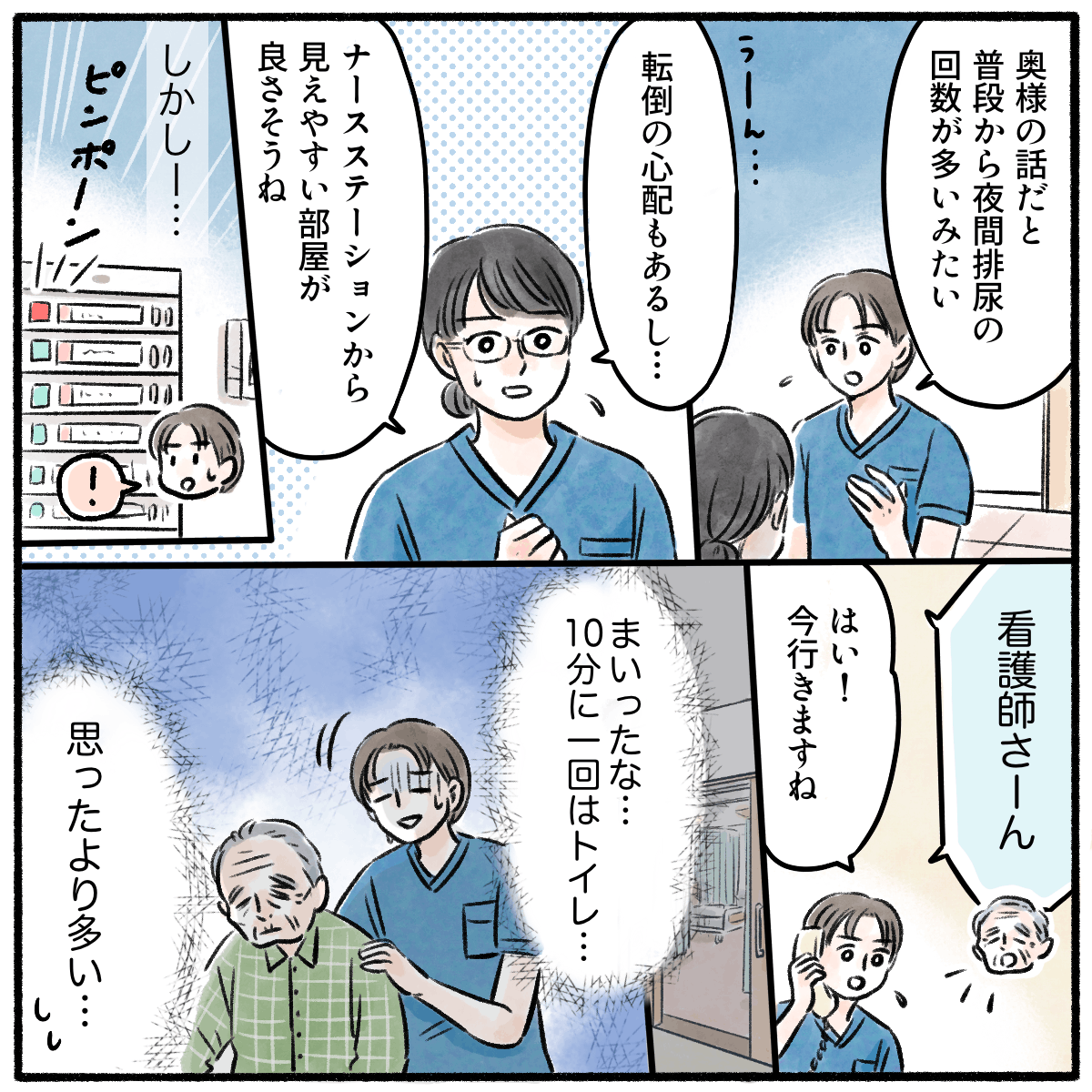 家族からの情報で頻尿なため転倒リスクが高いと判断した。入院後、ナースコールが頻回でトイレに行かれた