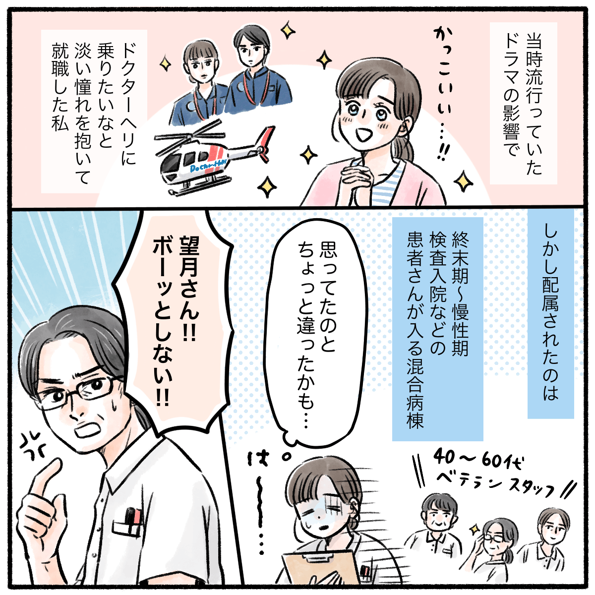 ドクターヘリに憧れて就職した者の配属されたのは混合病棟で思い描いていた仕事と違っていると感じながら働く看護師。上司にも厳しく指摘される。
