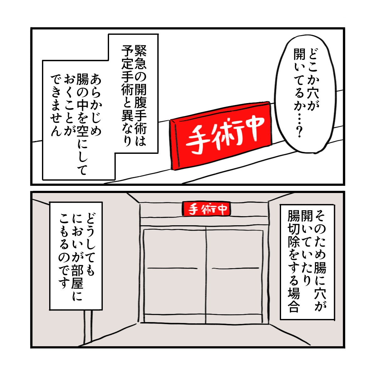 緊急手術の場合、腸内を空にすることができないため、腸壁に穴が開いていたりすると臭いがすることがある